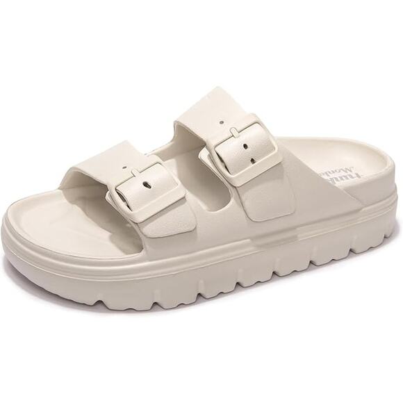 FunkyMonkey Womens Size 8 Off White Slide On Double Buckle Platform Sandal Shoes - Picture 1 of 7